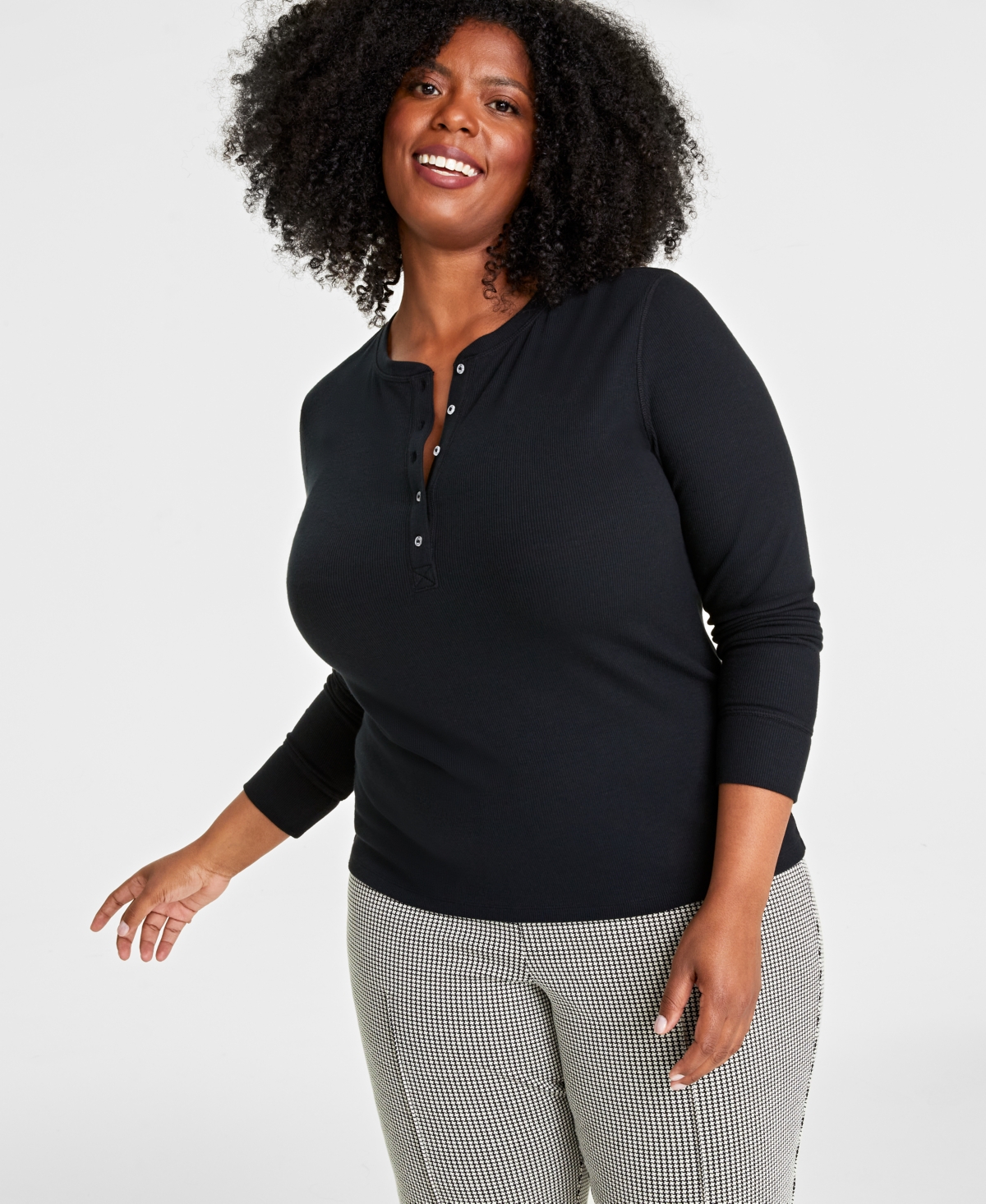 On 34th Plus Size Ribbed Long-sleeve Henley Top, Created For Macy's In Deep Black