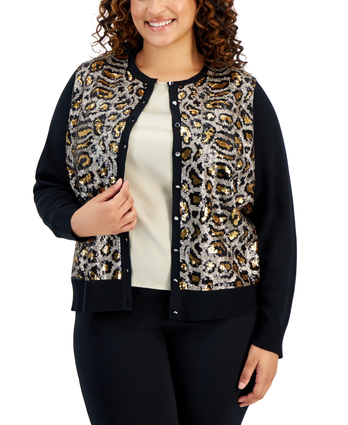 Jm Collection Plus Size Leopard Sequin Cardigan, Created for Macy's