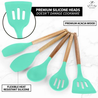 5 Piece Silicone Utensils Set with Authentic Acacia Wood Handles