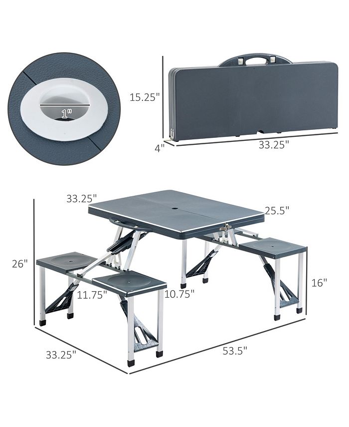 Outsunny Portable Foldable Camping Picnic Table Set with Four Chairs and Umbrella Hole, 4Seats