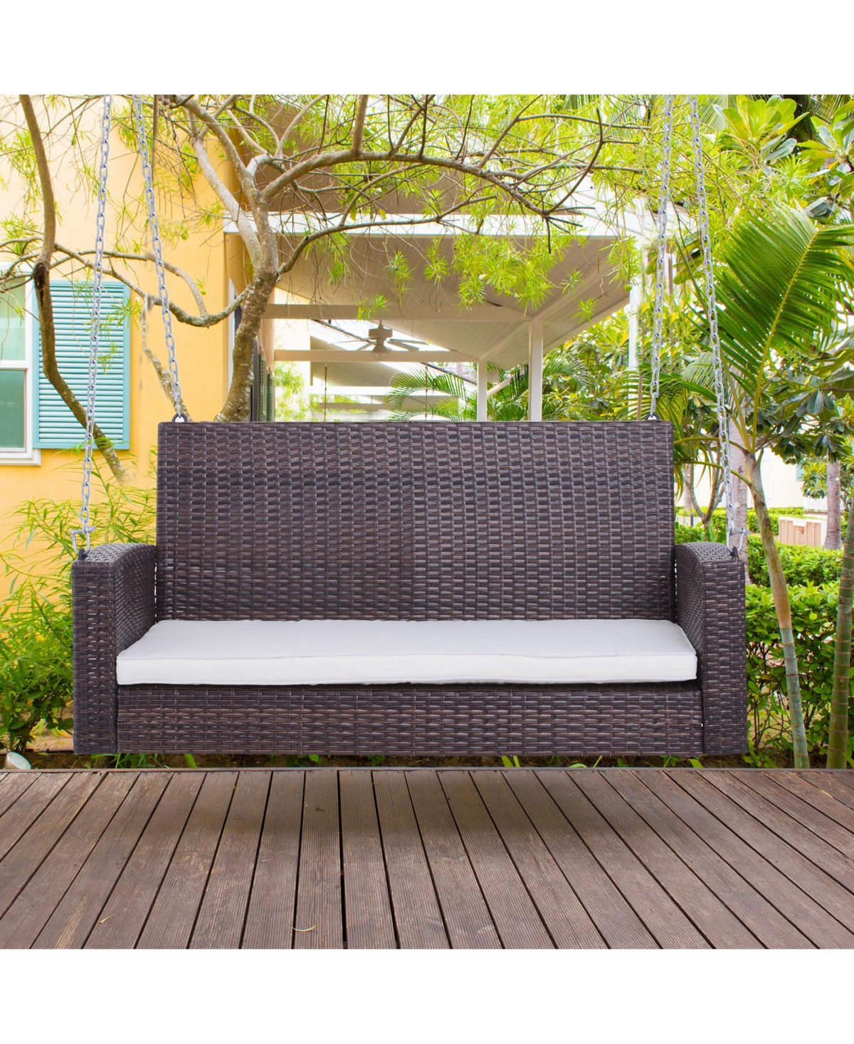 Outsunny 2 Person Wicker Hanging Swing Bench, Front Porch Swing Outdoor Chair with Cushions lbs. Weight Capacity for Backyard, Garden, Cream White