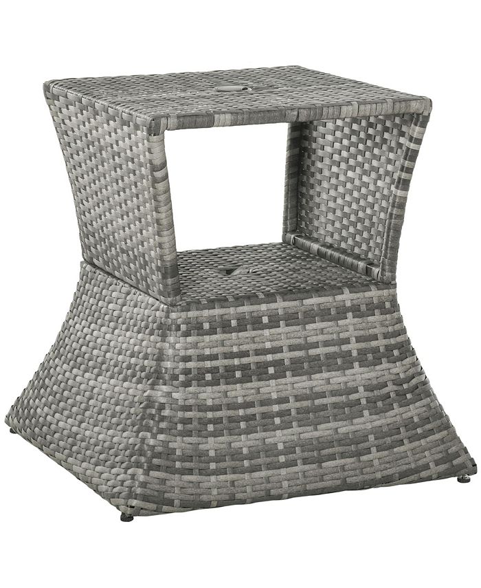 Outsunny Rattan Wicker Side Table with Umbrella Hole, 2 Tier Storage