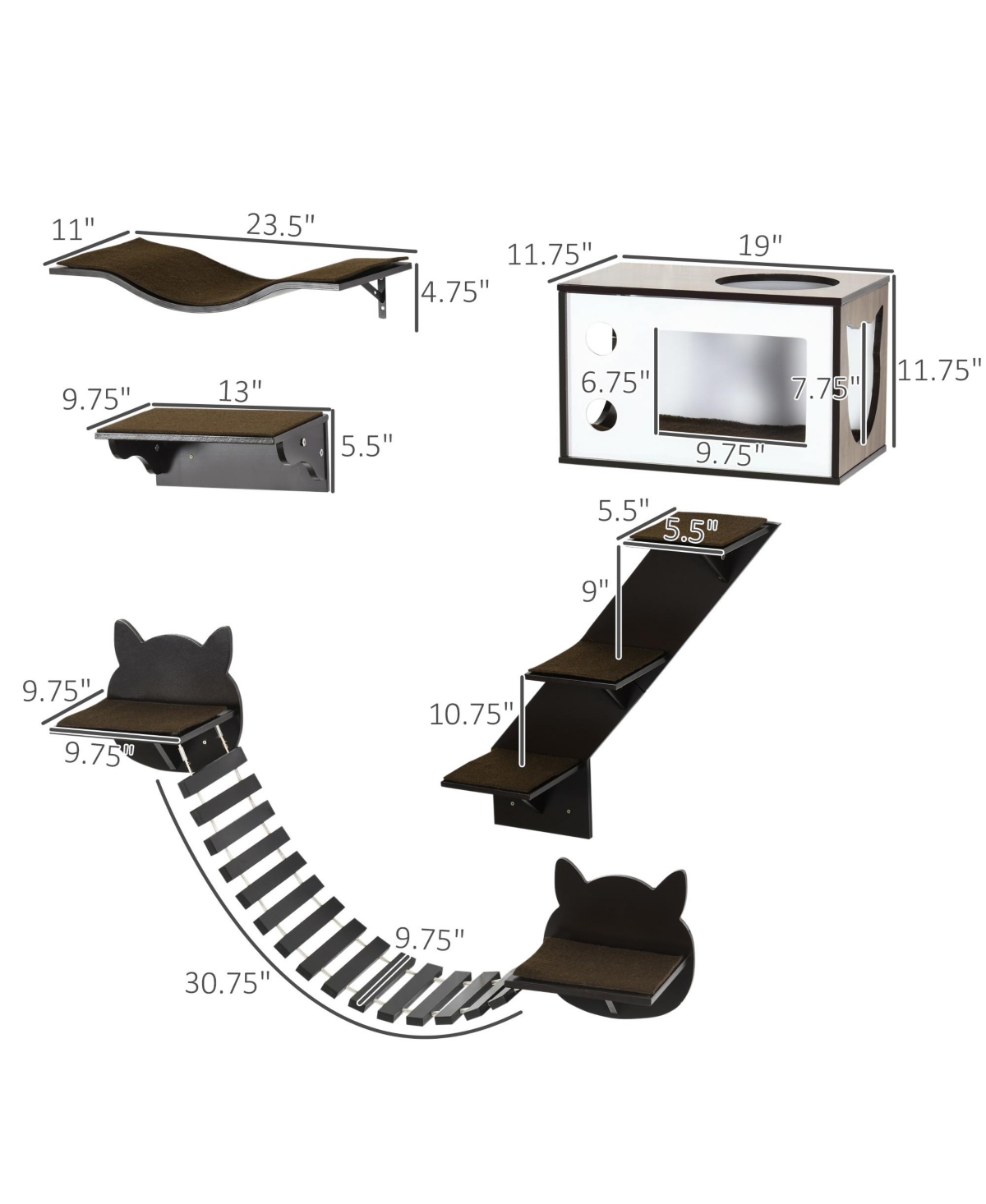 PawHut Cat Shelves with Ergonomically Curved Platform, Cozy Cat House, Bridge, Easy Stairs, and Flat Perch, Wall-Mounted Cat Tree Climbing Playground