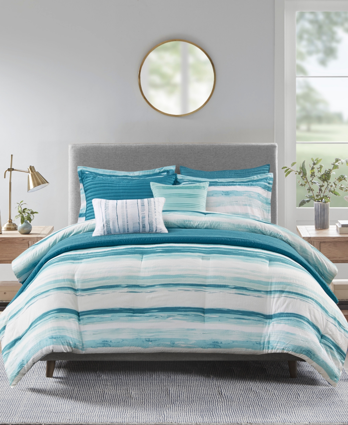 Madison Park Marina 8 Piece Printed Seersucker Comforter And Coverlet Set Collection, Full/queen In Aqua