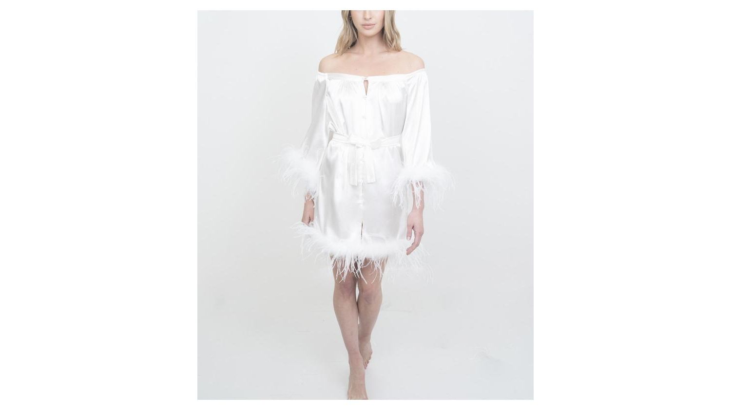 Women's Bridal Off-The-Shoulder Hair and Makeup Robe Feather Trim On The Sleeve and Hem