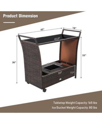 Patio Rattan Bar Serving Cart Wheels Ice Bucket Glass Top Handle Garden