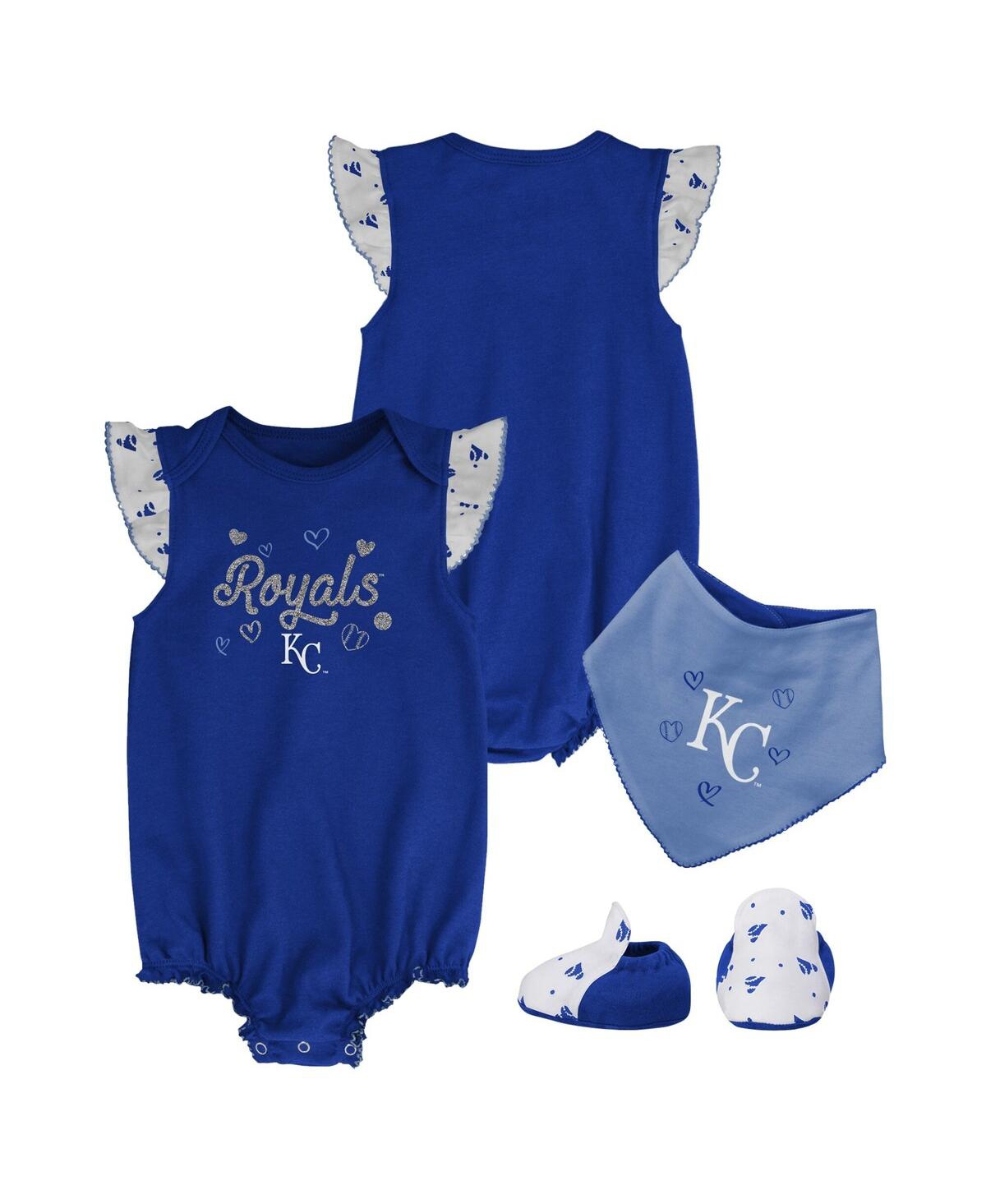 Outerstuff Girls Newborn And Infant Royal Kansas City Royals 3-piece Home Plate Bodysuit Bib And Booties Set In Royal