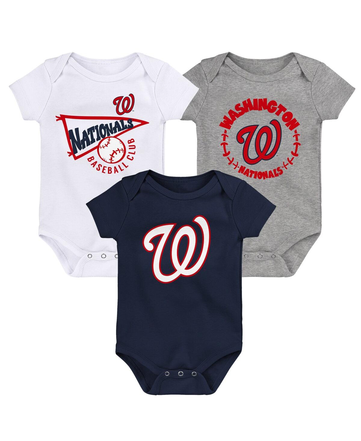 Newborn and Infant Boys and Girls White, Heather Gray Washington Nationals Biggest Little Fan 3-Pack Bodysuit Set - White, Heather Gray
