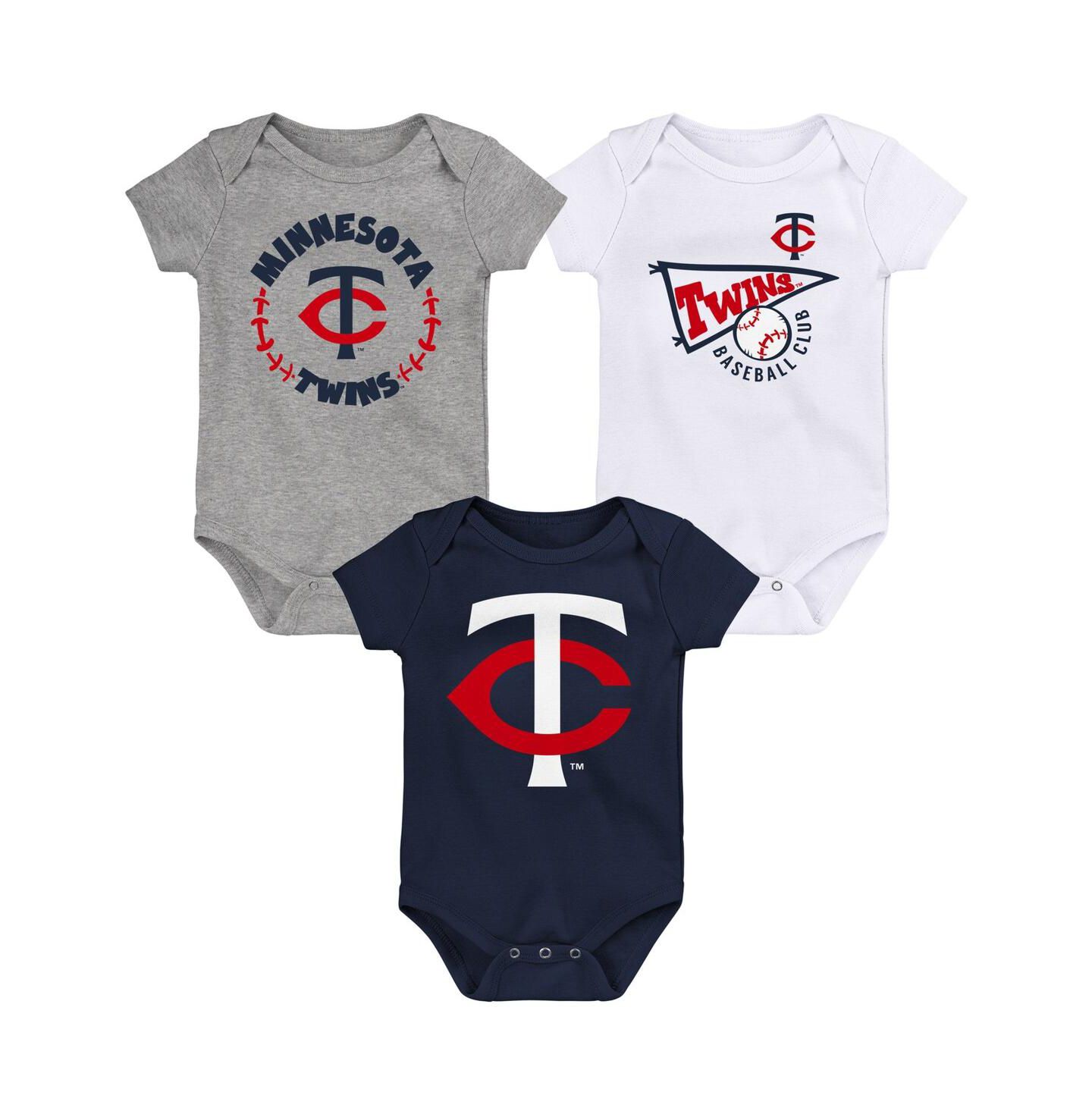 Комплекты Outerstuff Navy and White and Heather Gray Minnesota Twins Biggest Little Fan 3-Pack Bodysuit Set для малышей — фото 2