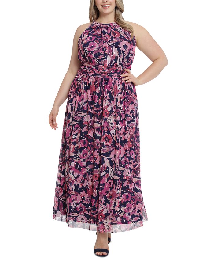 London Times Plus Size Halter Ruched-Waist Maxi Dress - Macy's
