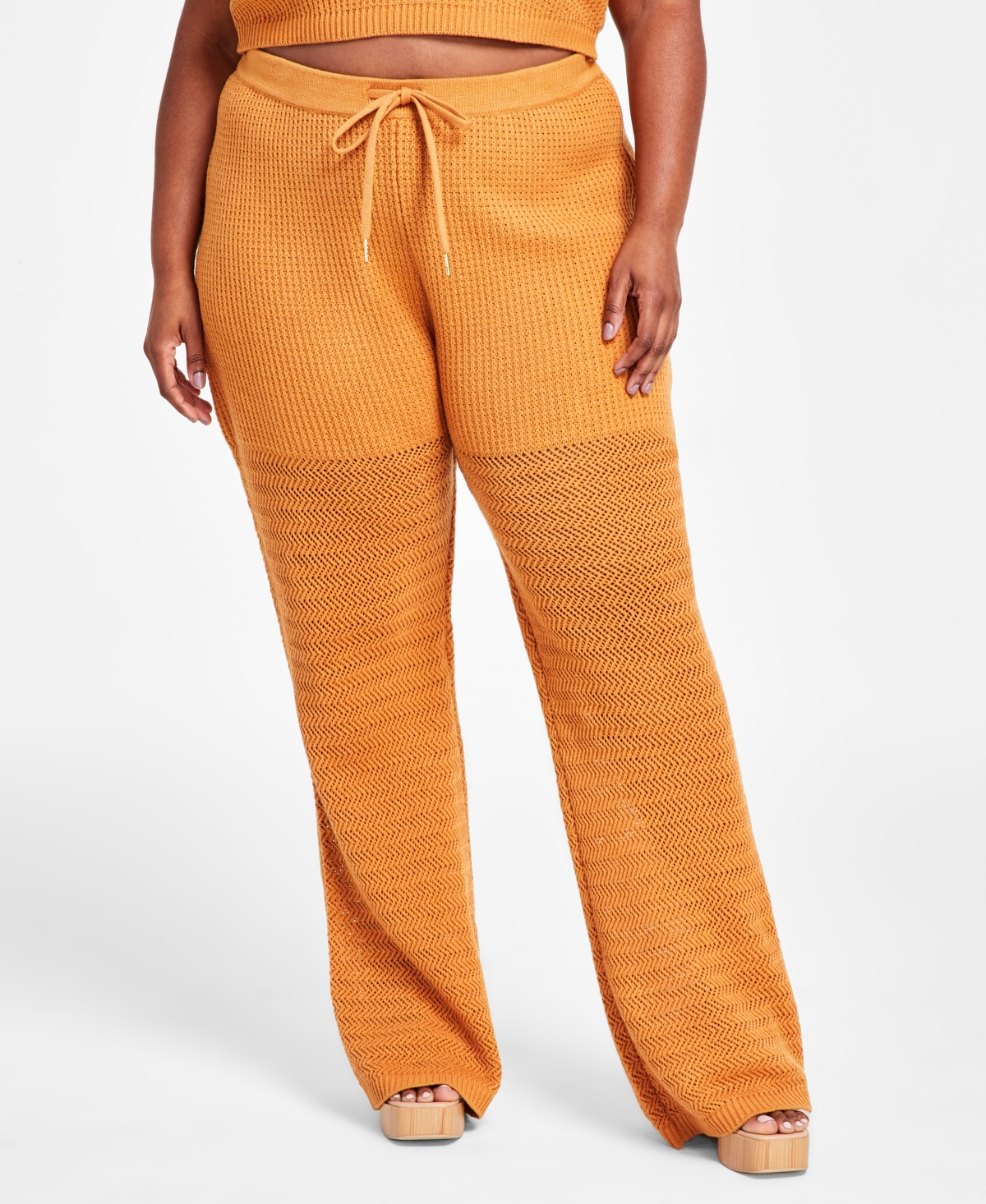 Nina Parker Trendy Plus Size High-rise Crochet Pants In Brown Sugar