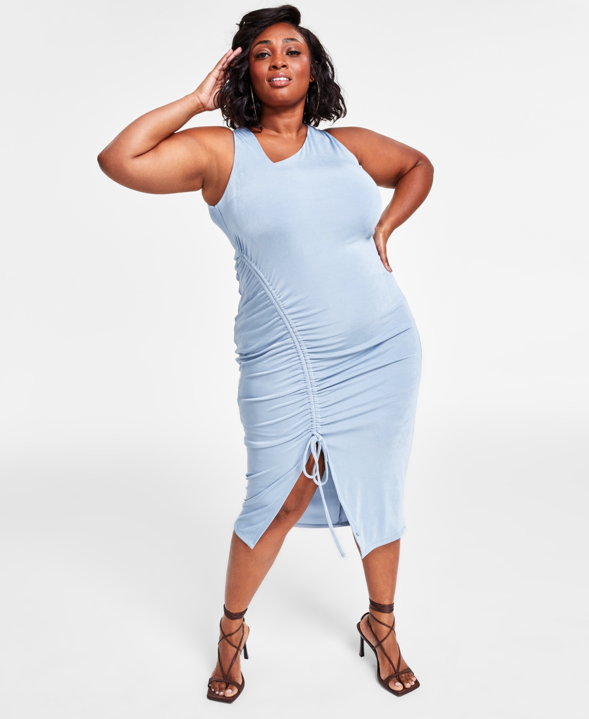Nina Parker Plus Size Solid Ruched Asymmetrical-neck Dress In Dusty Blue