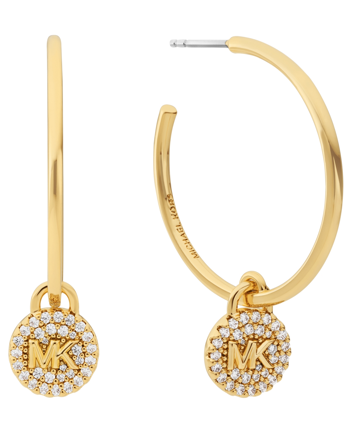 Michael Kors Platinum Plated Brass Cubic Zirconia Pave Charm Hoop Earrings In Gold