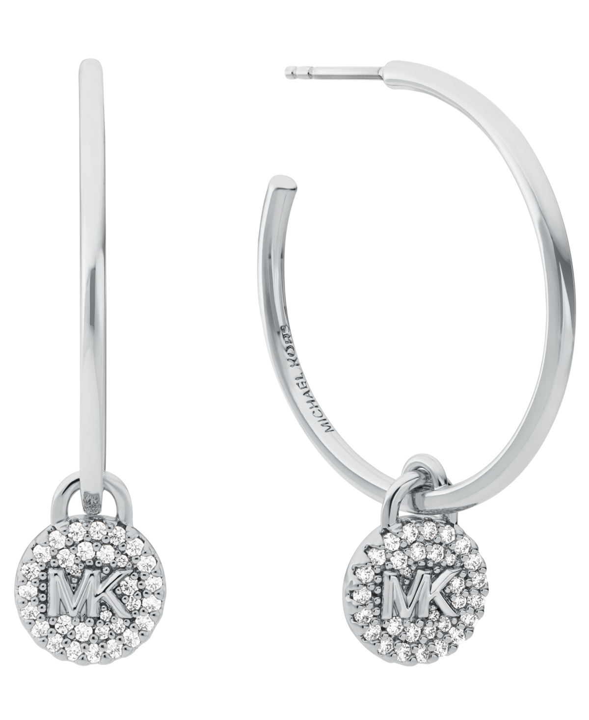 Michael Kors Platinum Plated Brass Cubic Zirconia Pave Charm Hoop Earrings In Silver