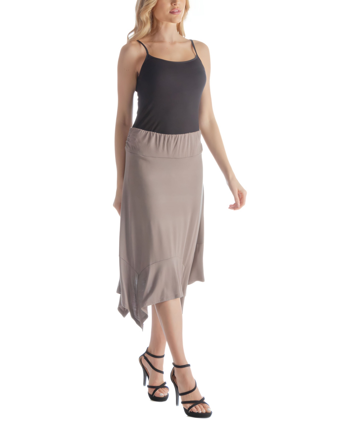 24seven Comfort Apparel Solid Color Knee Length Elastic Waist Handkerchief Skirt In White