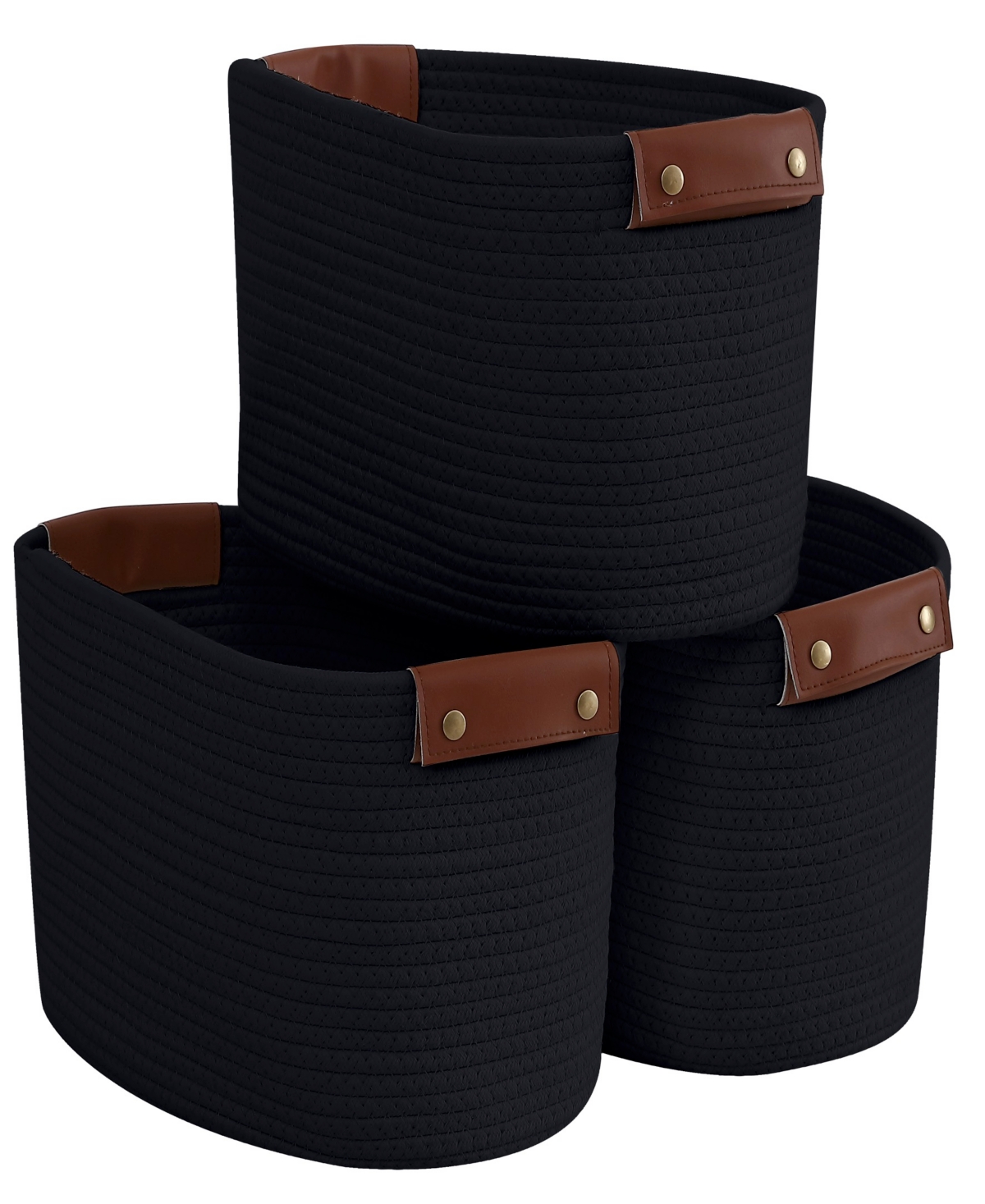 Ornavo Home 3 Pack Woven Cotton Rope Shelf Storage Basket With Leather Handles In Black