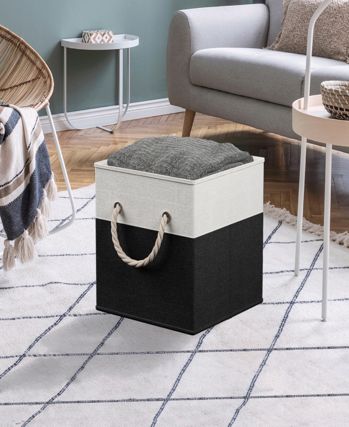 Foldable Linen Storage Cube Bin with Rope Handles - Set of 6 - Black