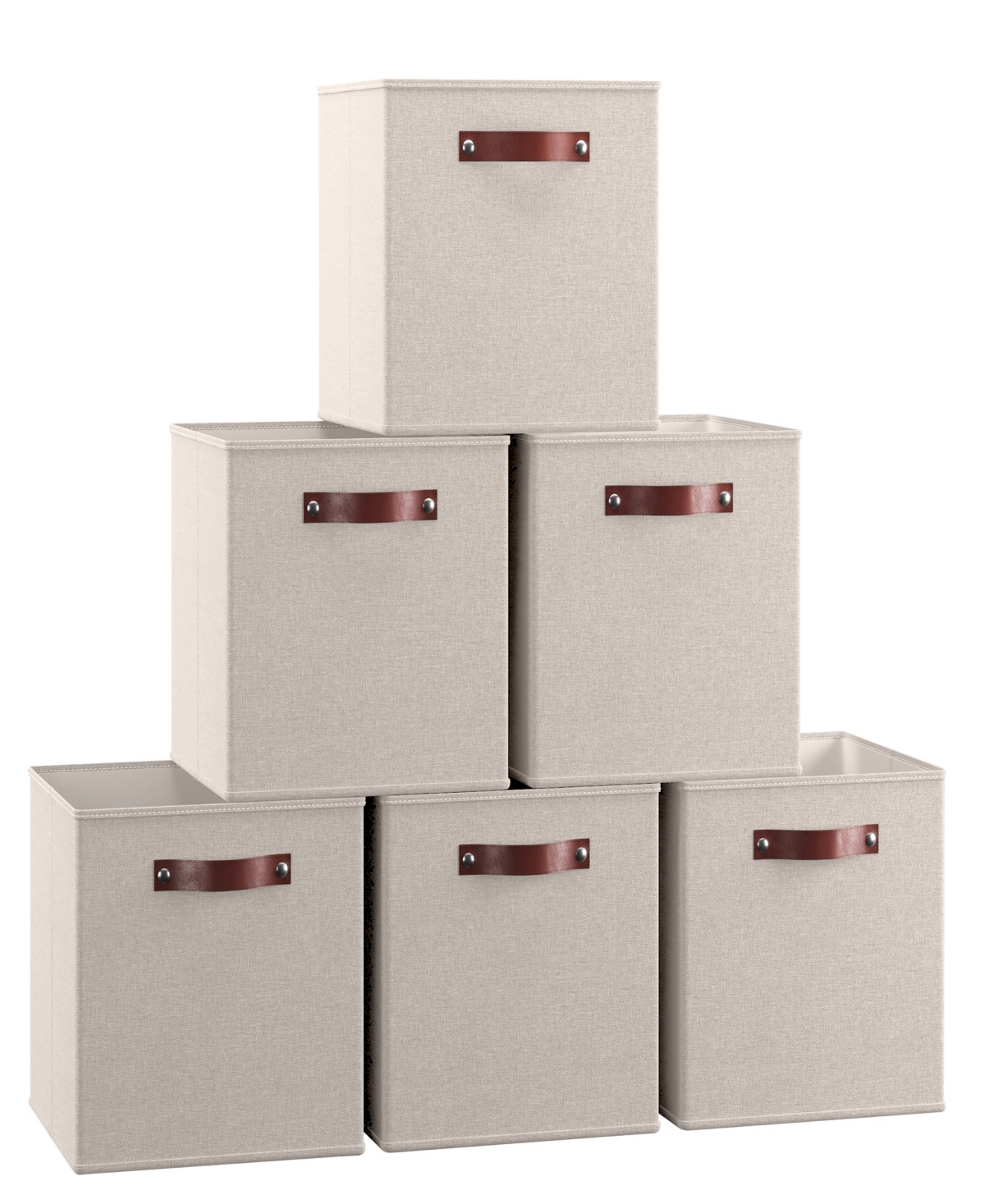 Foldable Linen Storage Cube Bin with Leather Handles - Set of 6 - Beige