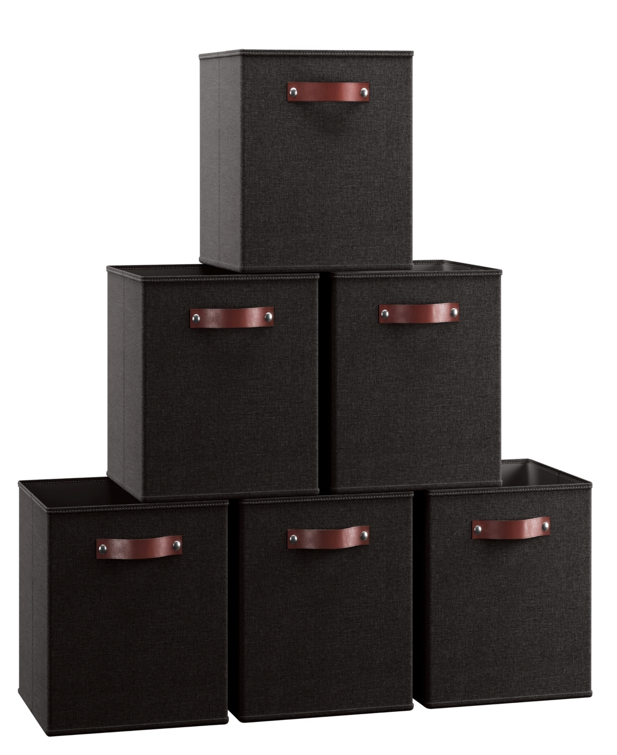 Foldable Linen Storage Cube Bin with Leather Handles - Set of 6 - Black