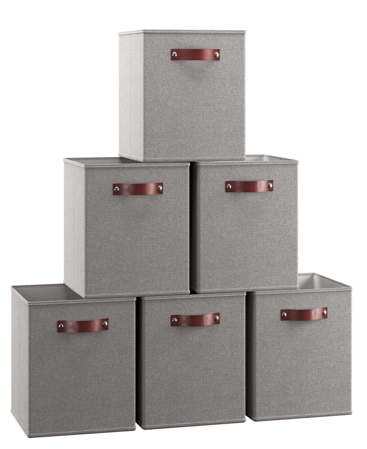 Foldable Linen Storage Cube Bin with Leather Handles - Set of 6 - Beige