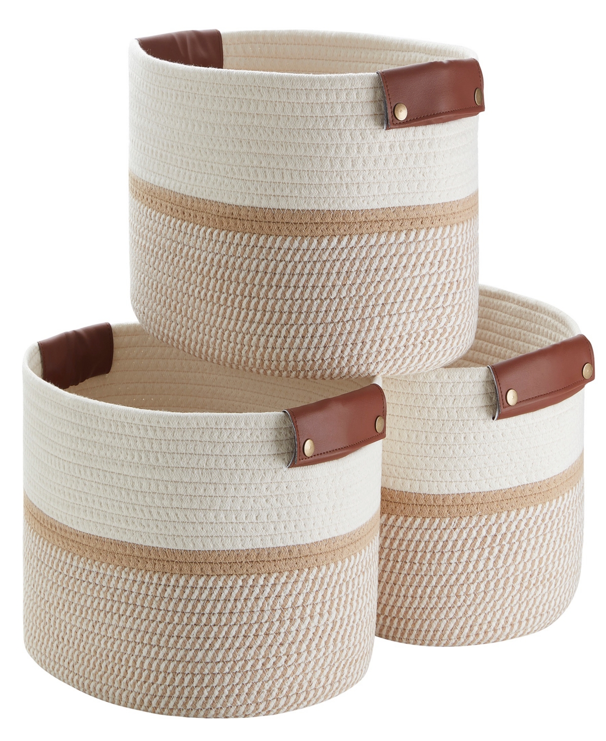 3 Pack Woven Cotton Rope Shelf Storage Basket with Leather Handles - White, Brown