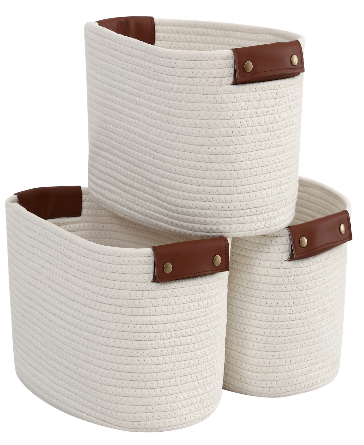 Ornavo Home 3 Pack Woven Cotton Rope Shelf Storage Basket With Leather Handles In Cream