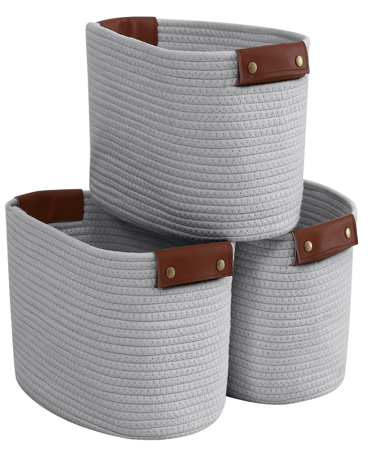 Ornavo Home 3 Pack Woven Cotton Rope Shelf Storage Basket With Leather Handles In Gray