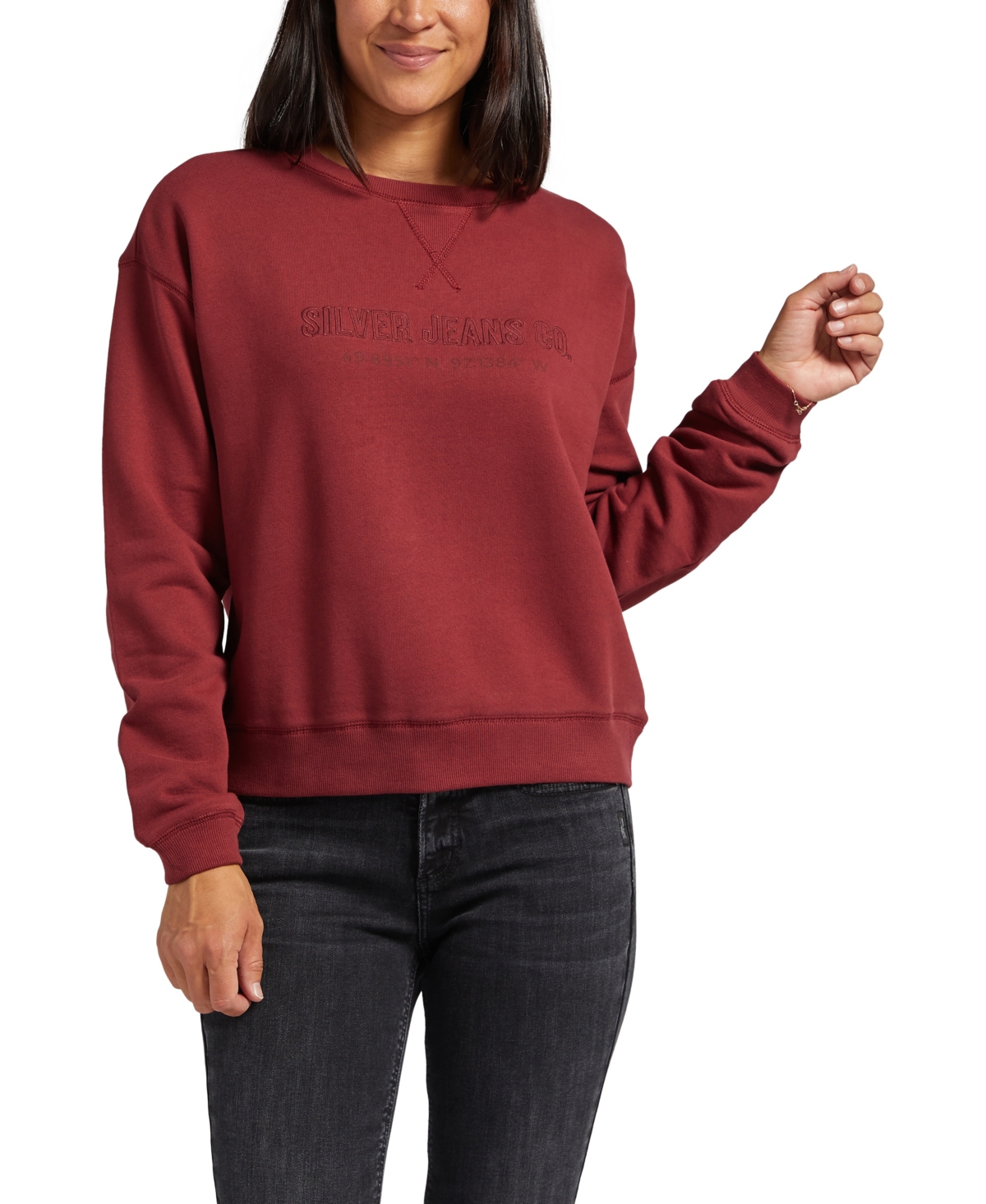 Silver Jeans Co. Women's Cotton Crewneck Embroidered Sweatshirt In Burgundy