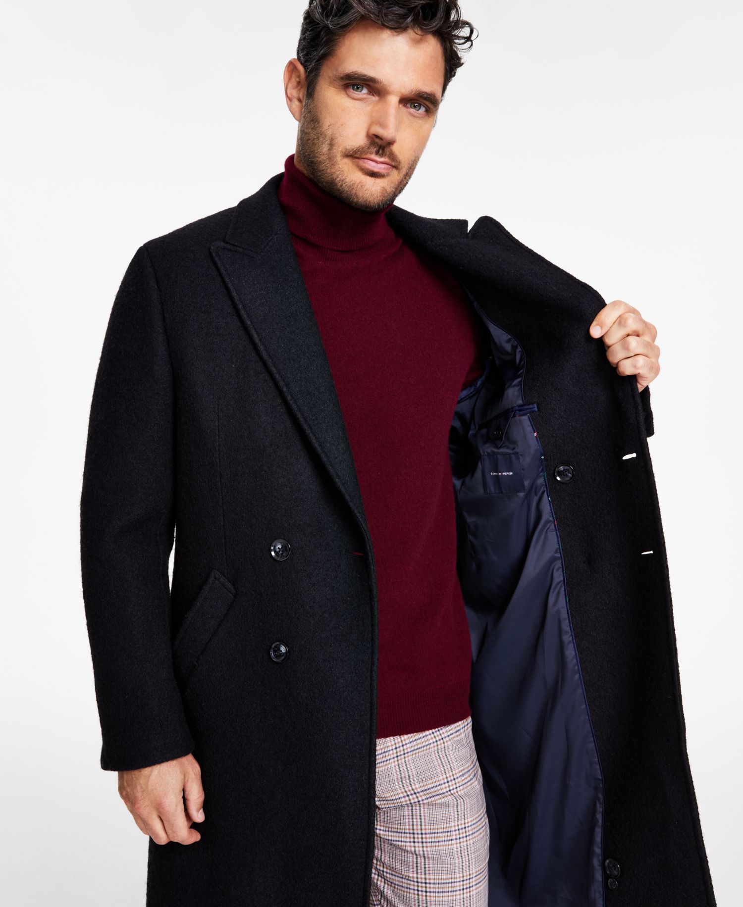 Men's Modern-Fit Solid Double-Breasted Overcoat