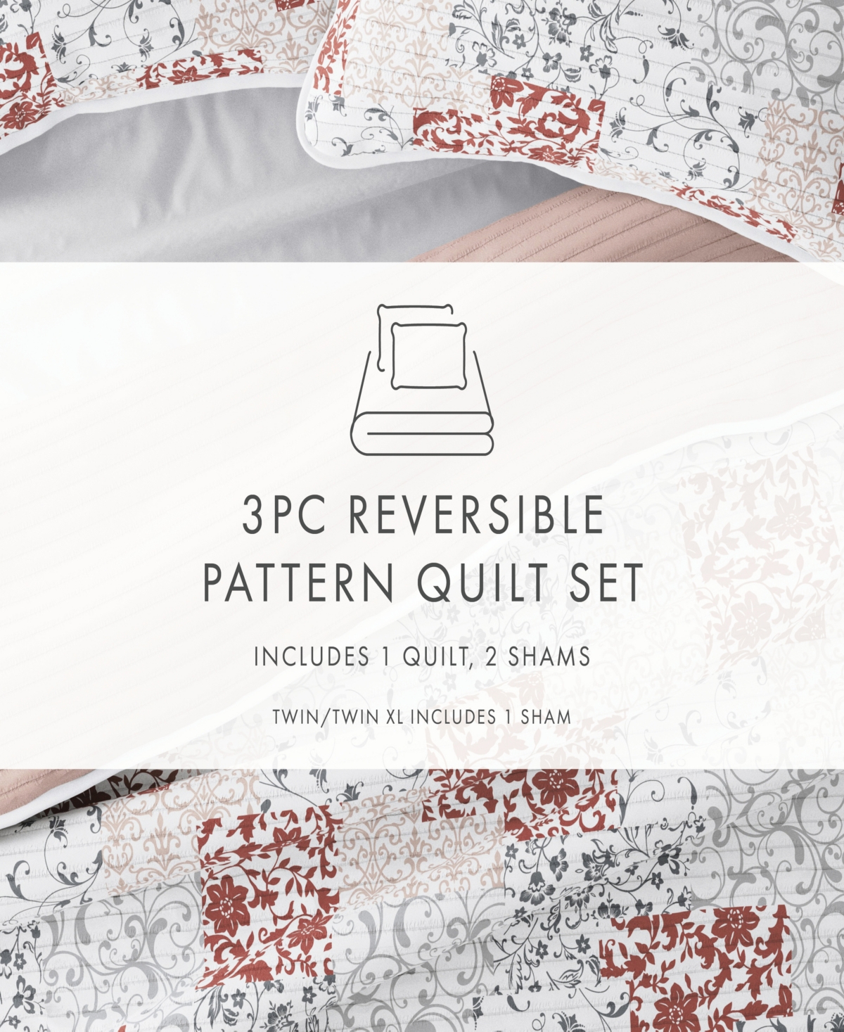 ienjoy Home All Season 3 Piece Scrolled Patchwork Reversible Quilt Set,
