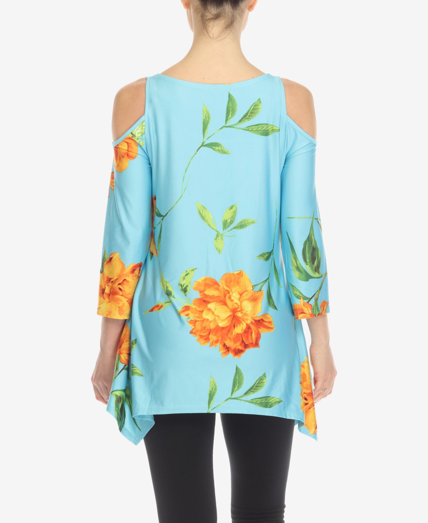 Женский топ White Mark Floral Printed Cold Shoulder Tunic Top, цвет: Синий / Оранжевый — фото 2