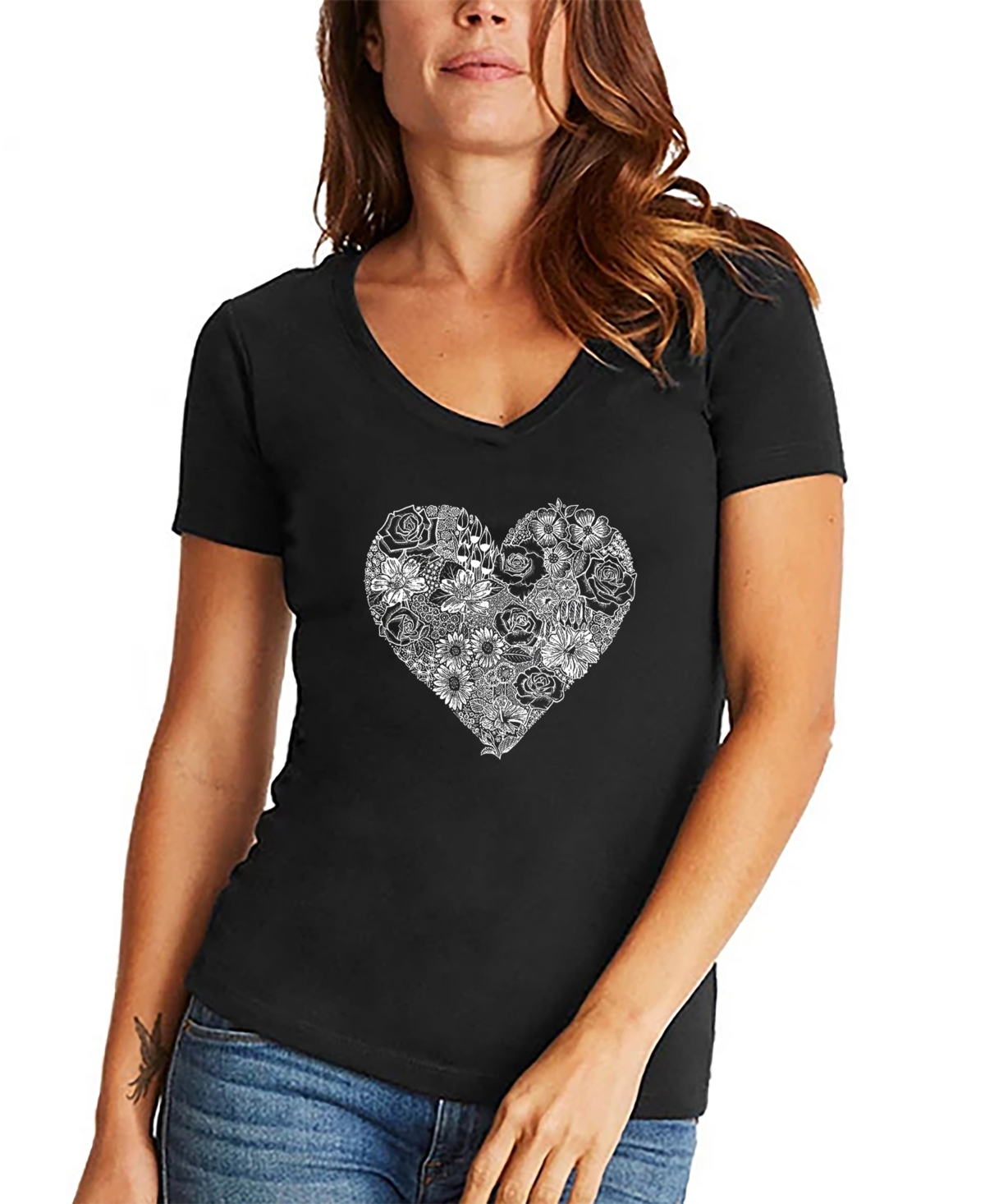 La Pop Art Women's Heart Flowers Word Art V-neck T-shirt In Black