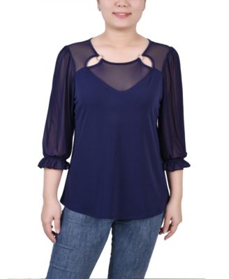 Petite 3/4 Sleeve Ringed Mesh Top