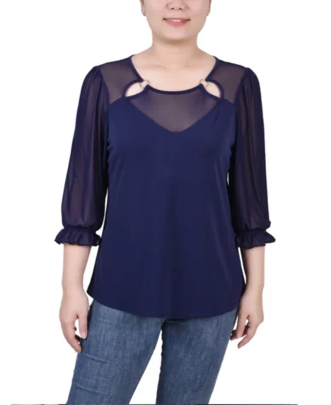 Petite 3/4 Sleeve Ringed Mesh Top - Eclipse