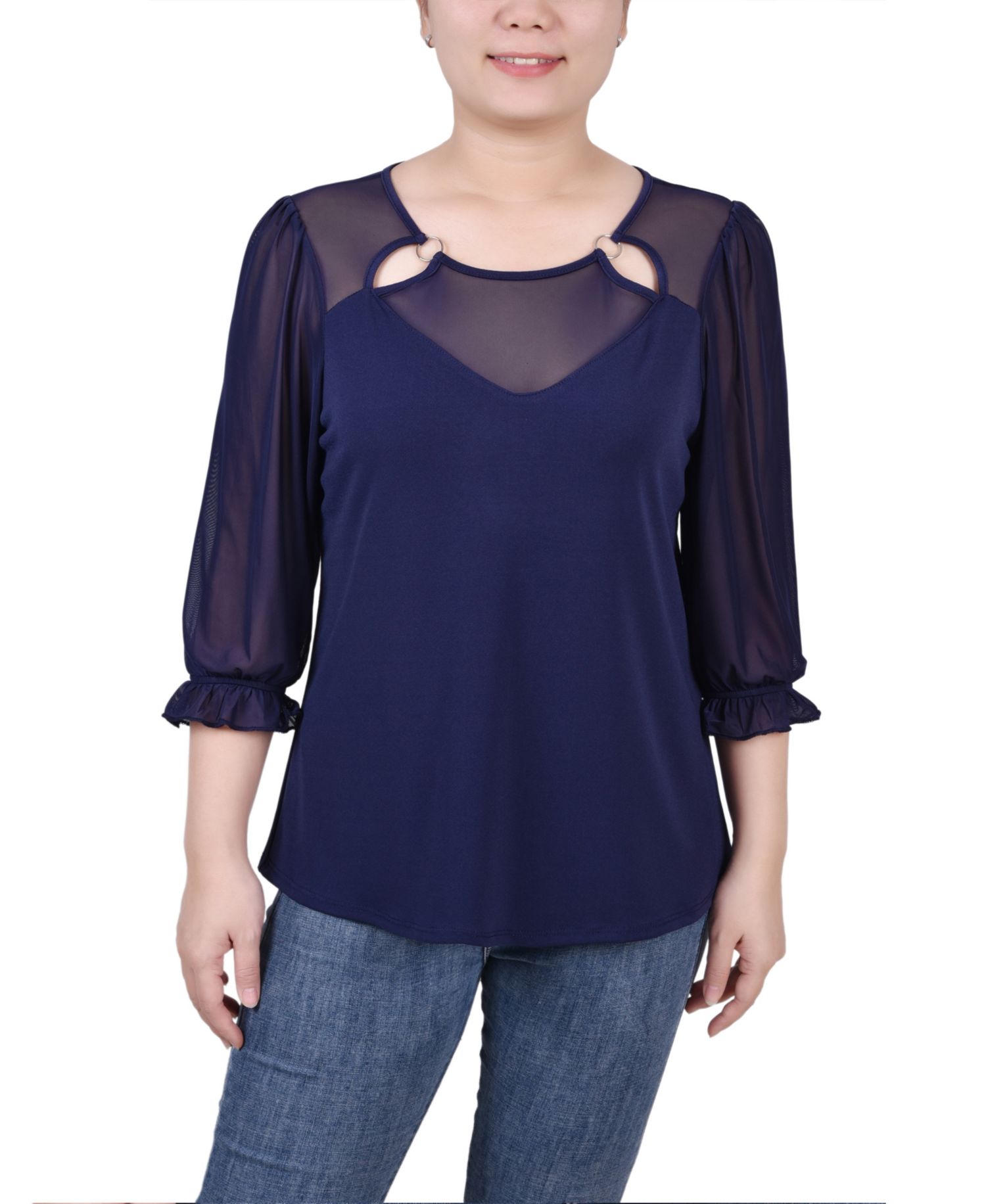 Petite 3/4 Sleeve Ringed Mesh Top