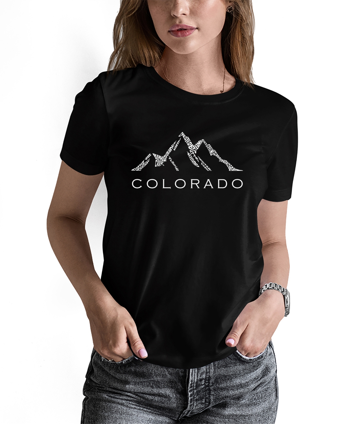 La Pop Art Women's Word Art Colorado Ski Towns Short Sleeve T-shirt In Black