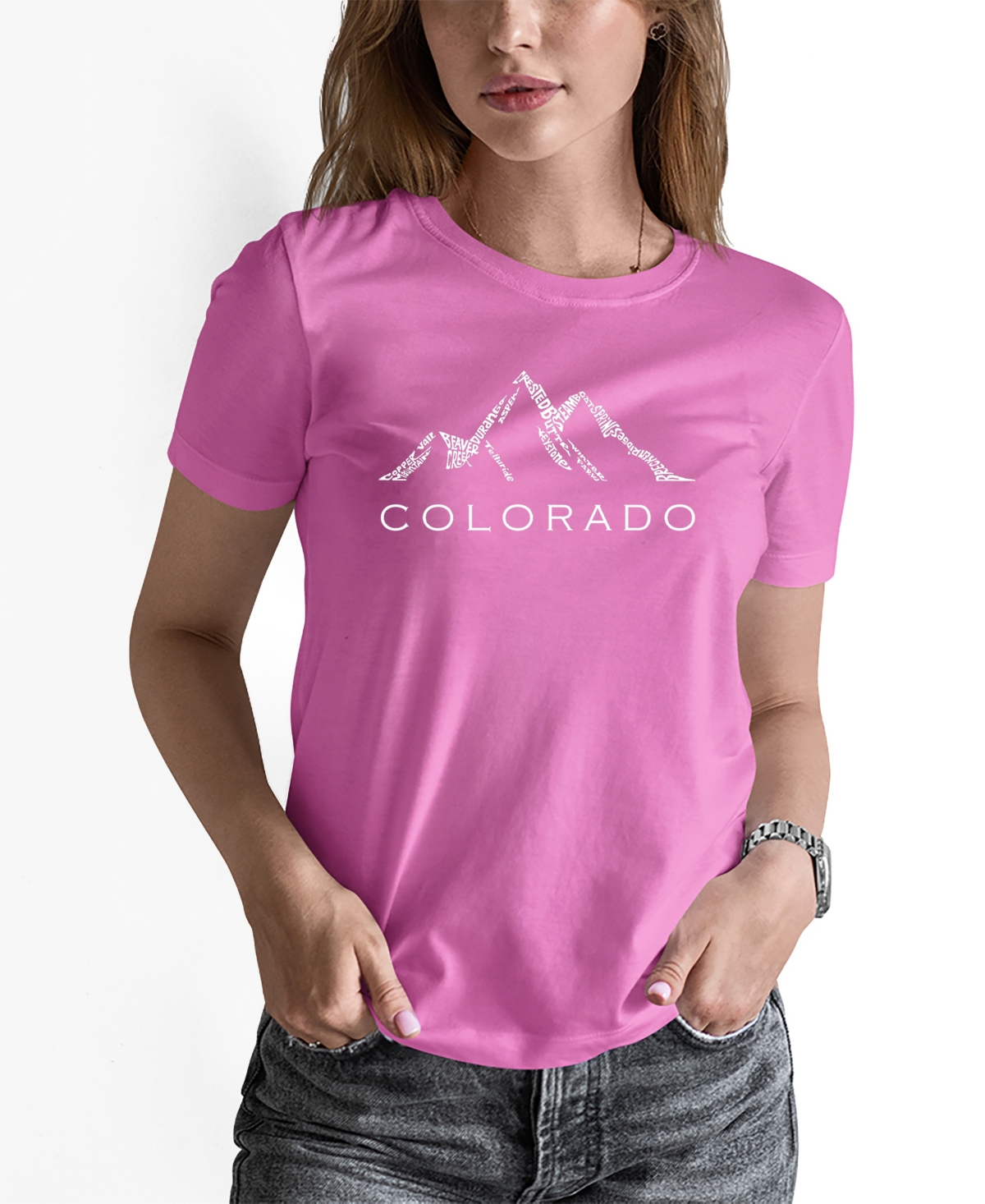 La Pop Art Women's Word Art Colorado Ski Towns Short Sleeve T-shirt In Pink