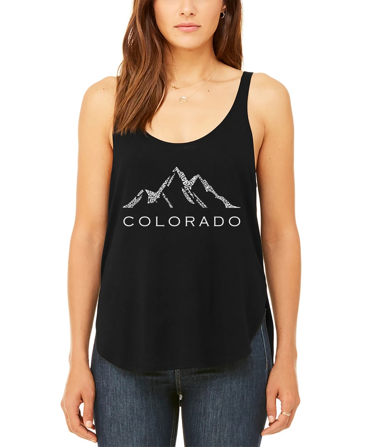 La Pop Art Women's Premium Colorado Ski Towns Word Art Flowy Tank Top In Black
