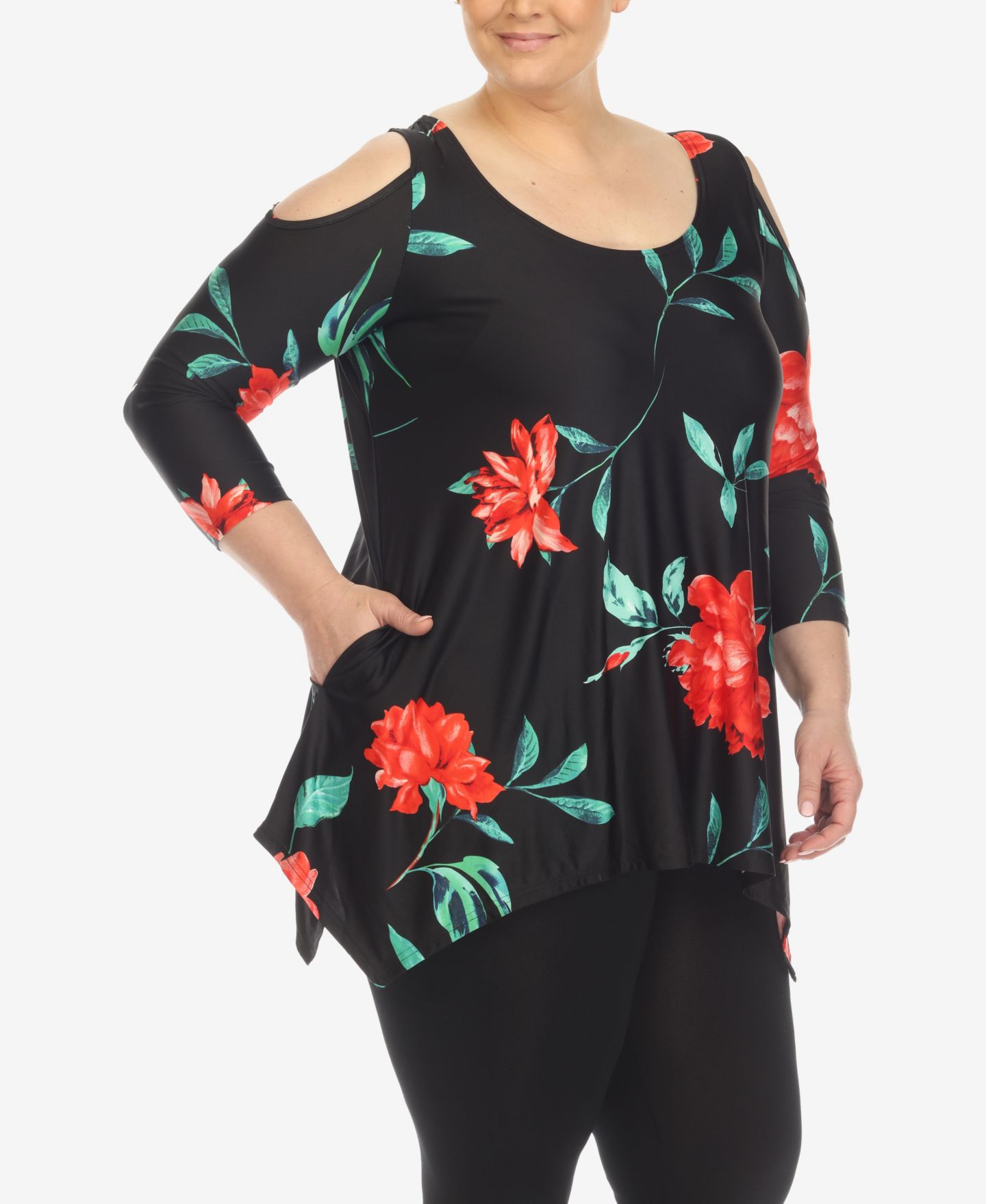 Женский топ White Mark Plus Size Floral Printed Cold Shoulder Tunic Top, цвет: Чёрный / Красный — фото 3