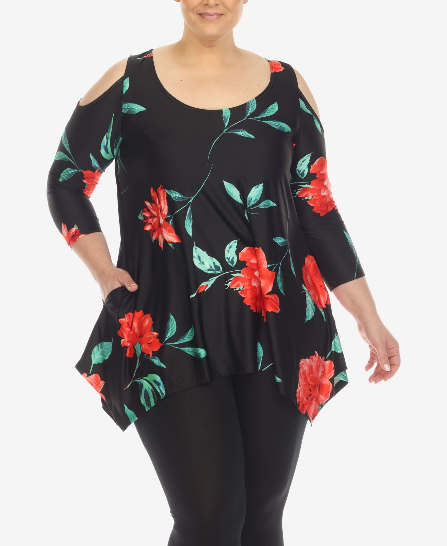 Женский топ White Mark Plus Size Floral Printed Cold Shoulder Tunic Top, цвет: Чёрный / Красный — фото 1