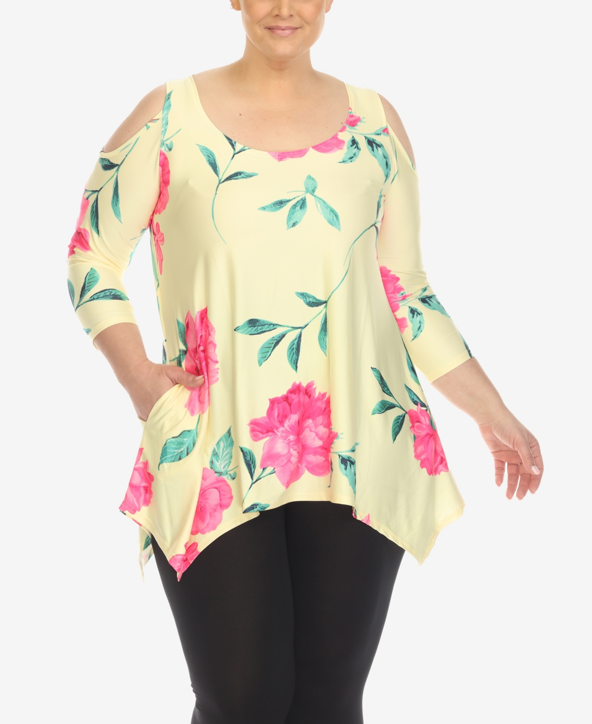 WHITE MARK PLUS SIZE FLORAL PRINTED COLD SHOULDER TUNIC TOP