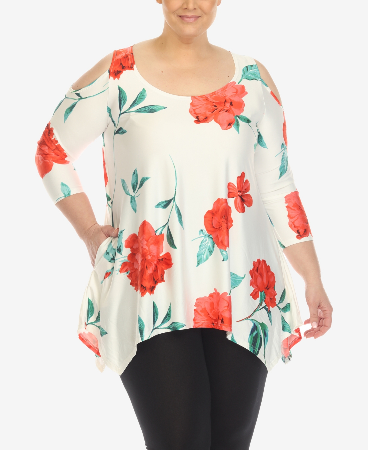 WHITE MARK PLUS SIZE FLORAL PRINTED COLD SHOULDER TUNIC TOP