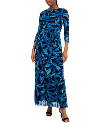 Anne Klein - Women's Printed Mesh 3/4-Sleeve Maxi Dress