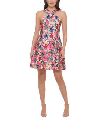 Vince Camuto - Women's Printed Cross-Neck Fit & Flare Side-Pocket Halter Dress