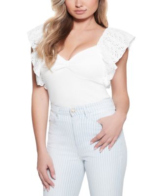 GUESS - Women's Raina Cotton Ruffle-Sleeve Sweetheart-Neck Top