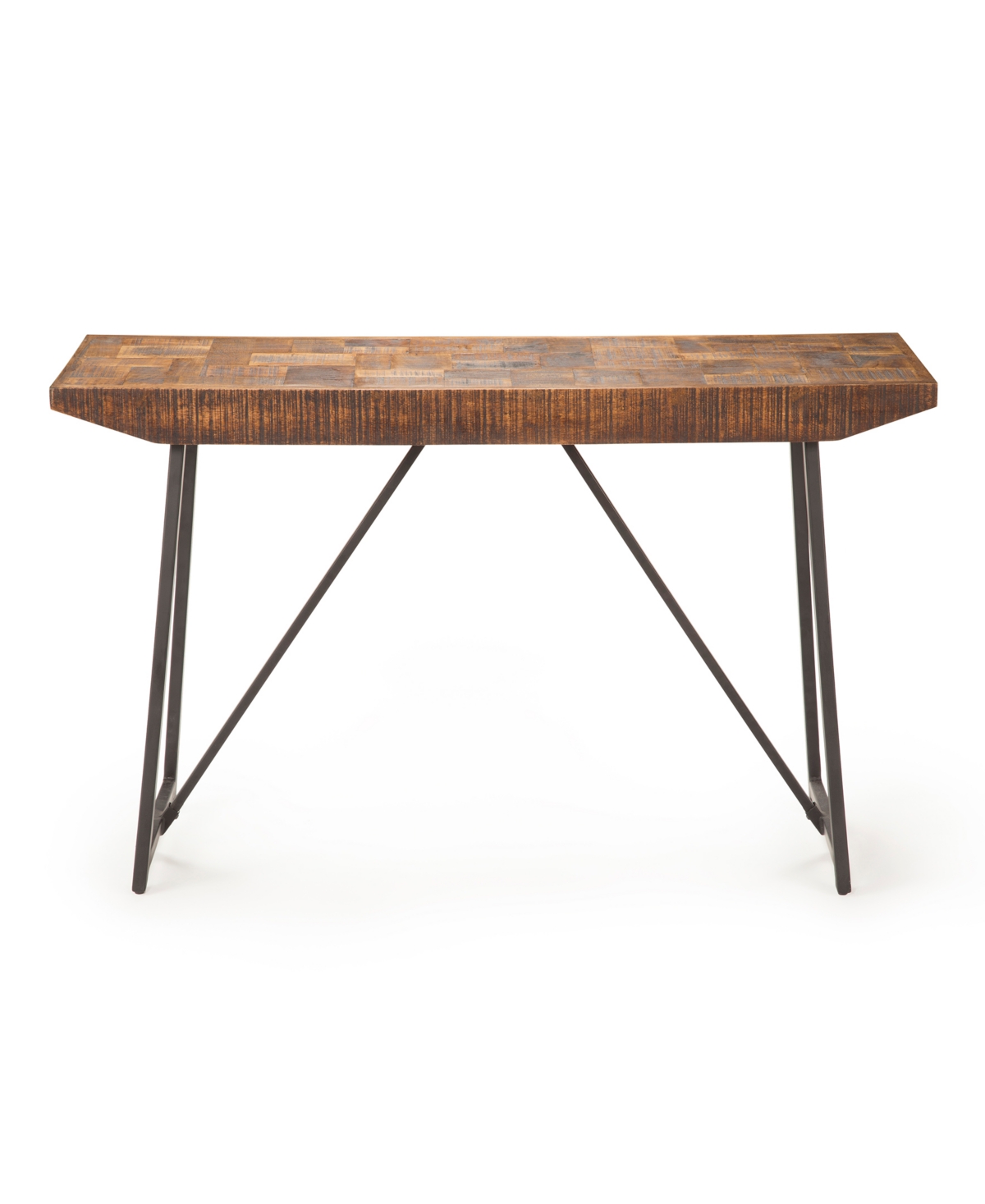Steve Silver Walden Solid Mango and Iron Parquet Sofa Table - Mango with Parquet Design, Dark Gray Bas