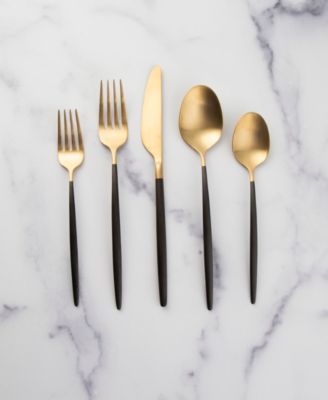 Gaze Two Tone Black-Gold Satin 20 Piece Flatware Set, Service For 4