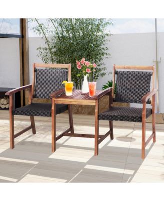 2-Seat Patio Rattan Bench Acacia Wood Frame Table W/Umbrella Hole Deck