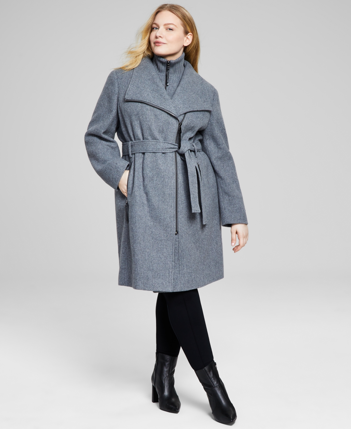 Calvin Klein Womens Plus Size Belted Asymmetric Wrap Coat, Created For Macys In Med Grey