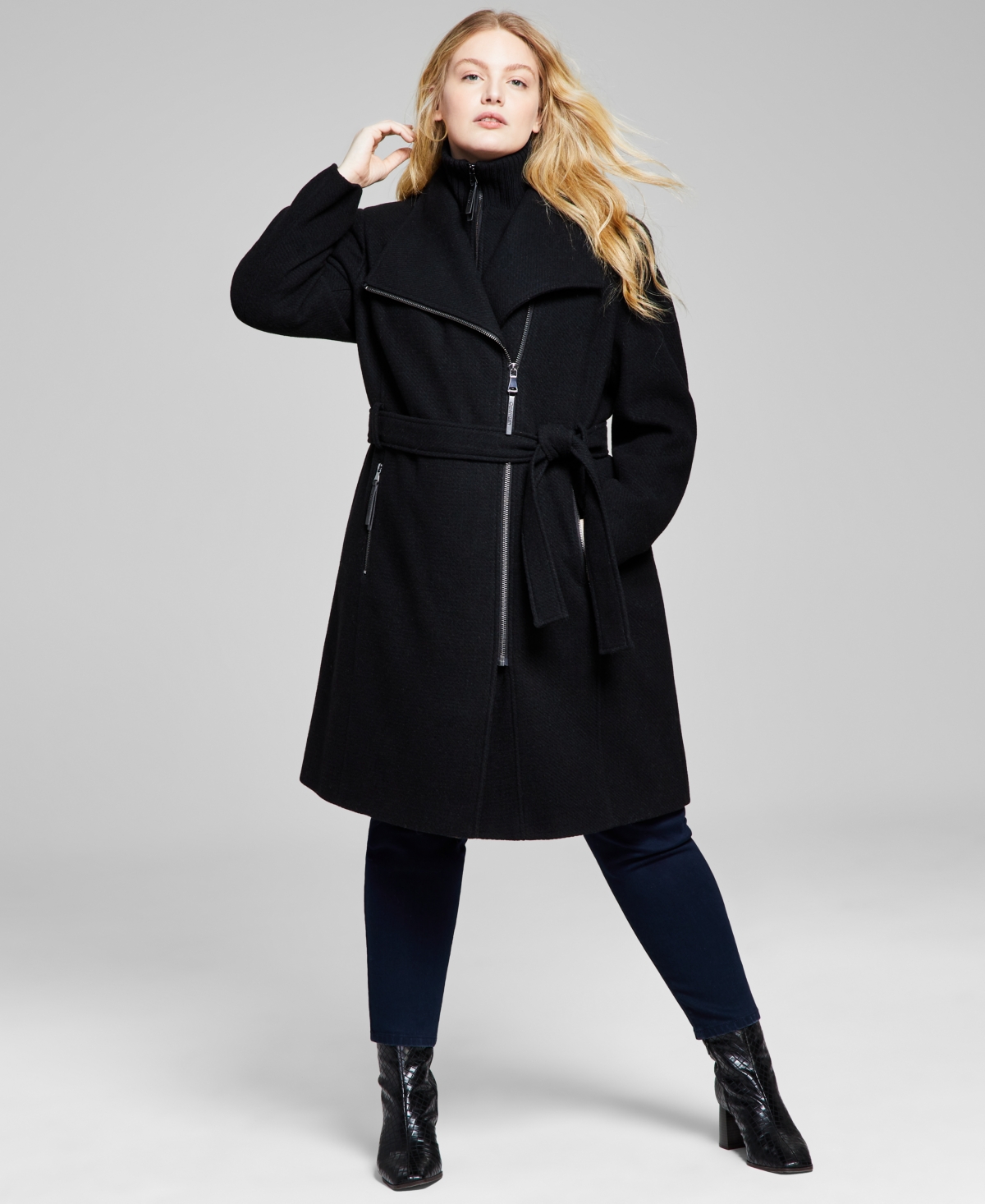 Calvin Klein Womens Plus Size Belted Asymmetric Wrap Coat, Created For Macys In Black Twill